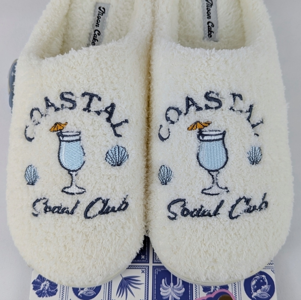 Slipper Umbrella Drink Coastal Social Club Embroider Slip On Ivory L (9/10) NWT
